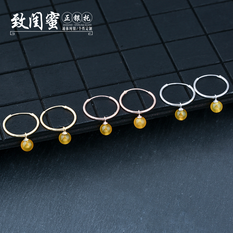 S925银简约圆形女耳环空托 diy镶嵌蜜蜡珍珠女银耳饰耳钩耳坠空托