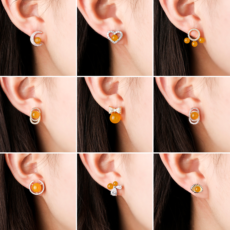 日韩风手工镶嵌珍珠玉石银耳钉