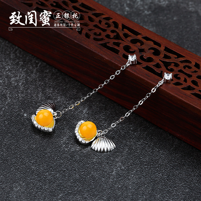 S925纯银耳坠空托 女银贝壳耳线耳环耳钉托 diy镶嵌蜜蜡仿珍珠托