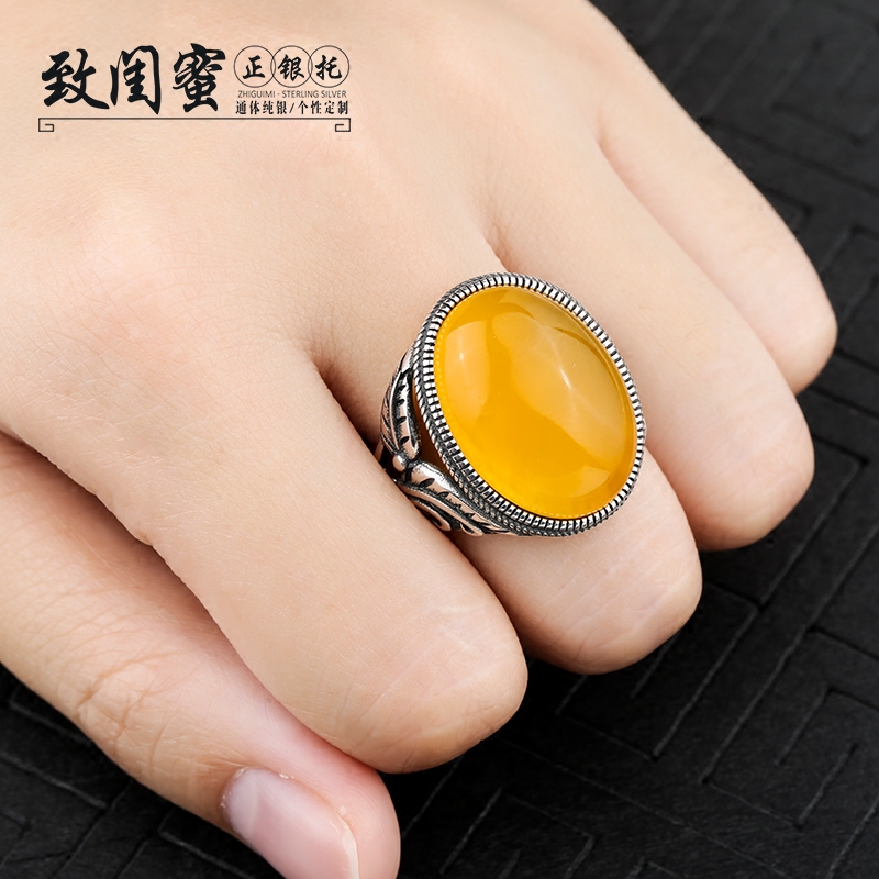 925银女士戒指空托镶嵌绿松石琥珀蜜蜡托复古泰银戒托空托16*21