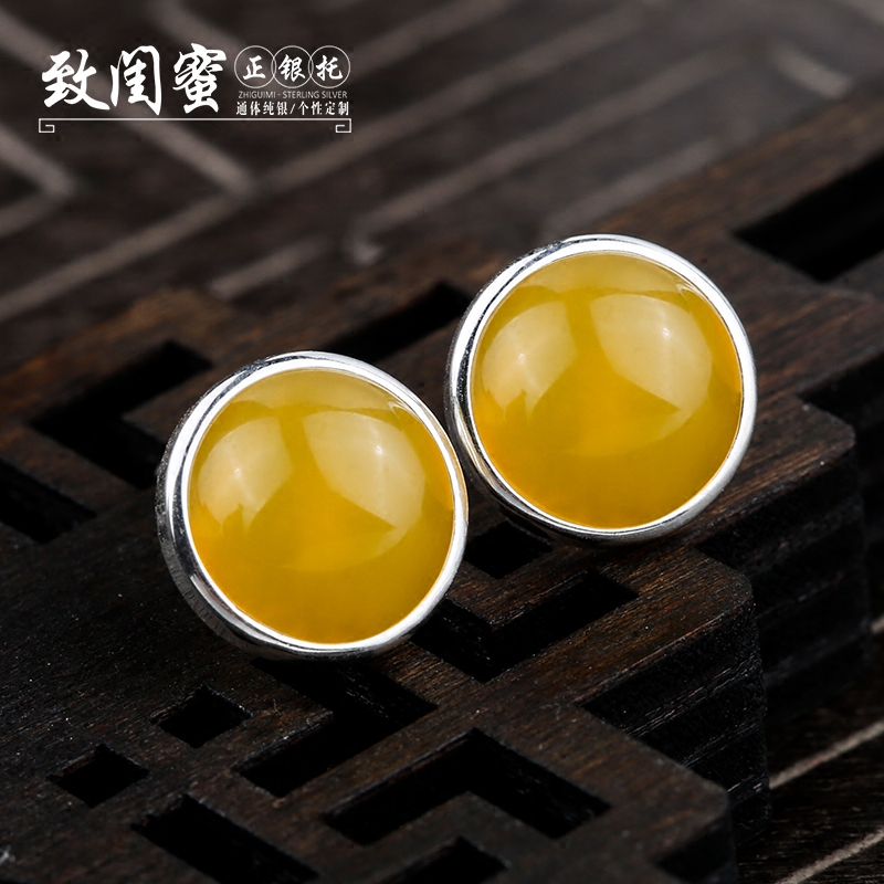 S925银圆形耳钉空托耳坠托耳饰托镶嵌蜜蜡耳钉空托女6mm7mm8mm