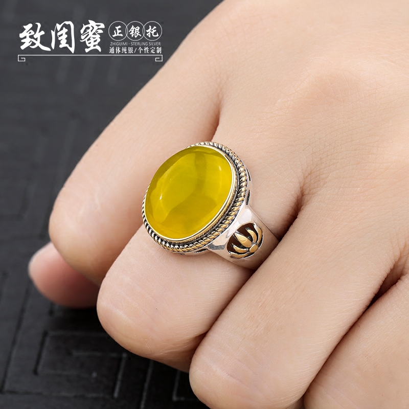 925银男款复古戒指空托 18K黄金镶嵌蜜蜡绿松石琥珀南红戒托12*15
