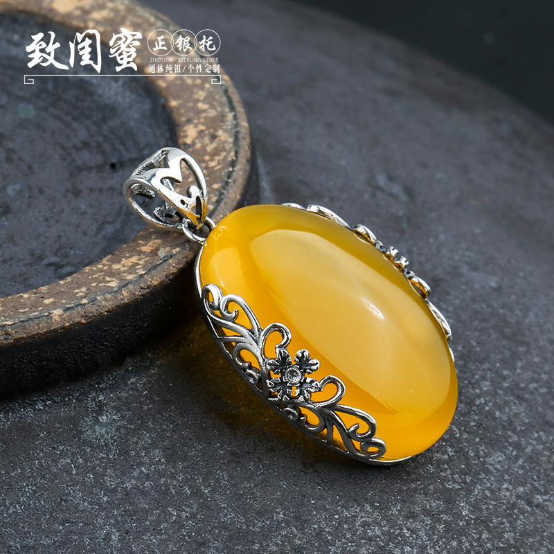 S925纯银复古吊坠空托 镶嵌绿松石琥珀蜜蜡椭圆吊坠托银托18*27mm