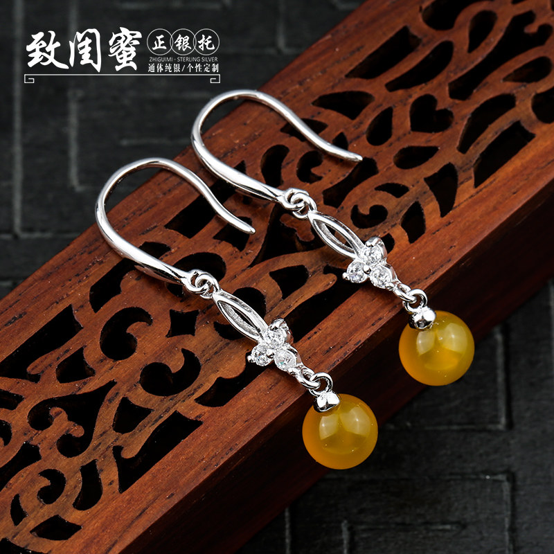 S925银女耳环托空托 镶嵌蜜蜡珍珠圆珠耳环空托约韩版耳吊空托