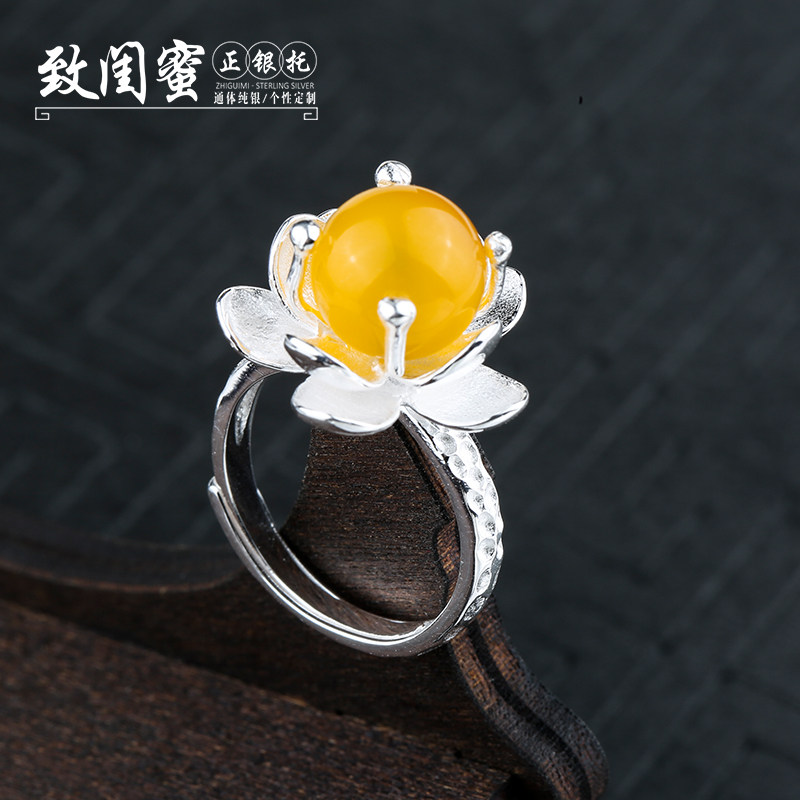 S925银戒指圆珠空托 女款花朵镶嵌蜜蜡宝石琥珀珠子戒指托10mm