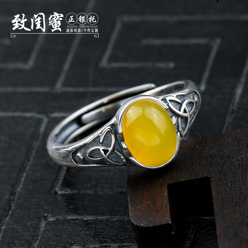 复古简易款s925银活口戒托 复古个性男女镶嵌蜜蜡戒指空托椭圆6*8
