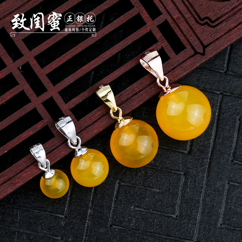 珍珠吊坠托 S925银镀18K黄金吊坠扣头圆珠空托镶嵌蜜蜡扣子扣头托