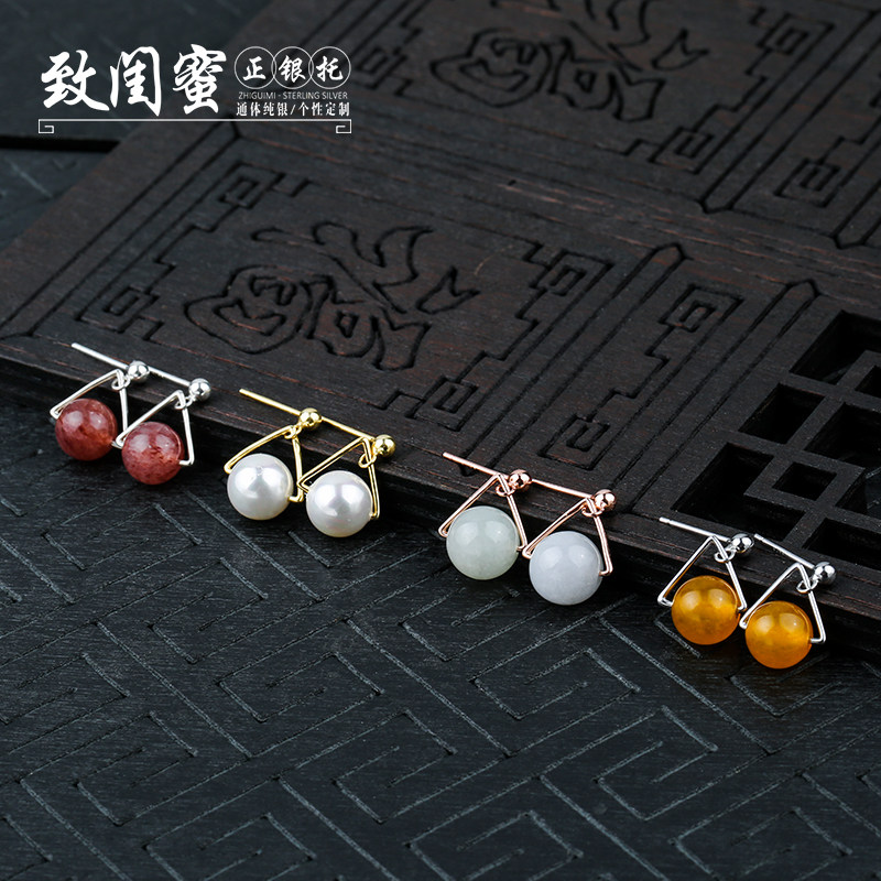 925纯银耳钉托 diy几何款耳托 镶嵌蜜蜡琥珀绿松石耳钉托圆珠耳托