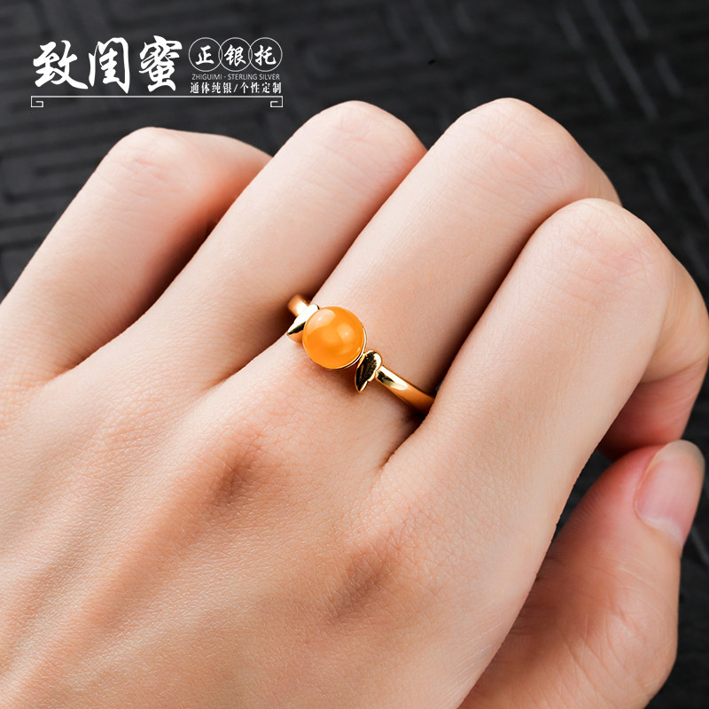 蜜蜡戒托女 S925纯银镀黄金色戒指空托 包珠戒托碧玺水晶珠子戒托