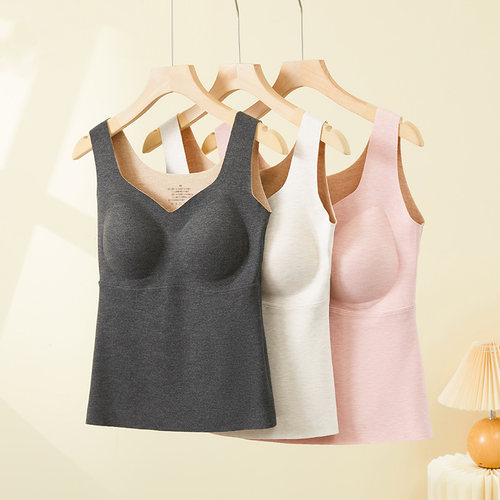 真丝保暖背心女桑蚕丝羊毛发热加绒免穿文胸一体舒适打底上衣冬季