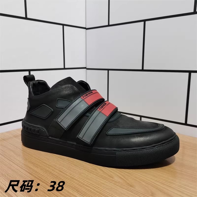 外贸真皮断码男鞋平底魔术贴高帮