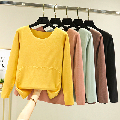 德绒磨毛绒贴片加护保暖T恤女加绒加厚长袖打底衫双面绒护腰秋衣