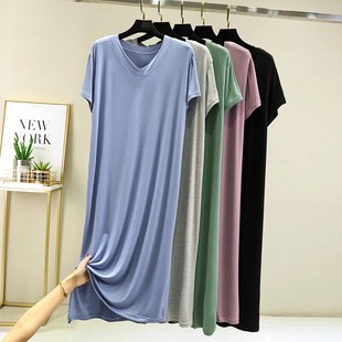 休闲短袖 中长款 家居服宽松遮肉莫代尔睡衣裙薄 女款 可外穿睡裙夏季