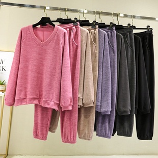 女 加绒加厚系带阔腿裤 德绒磨毛绒发热情侣款 V领休闲宽松卫衣套装