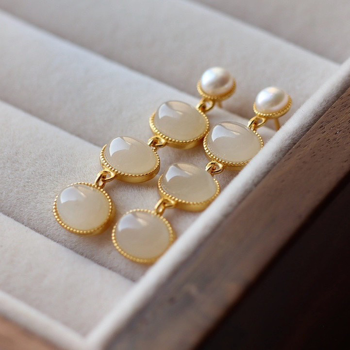 天然和田玉藕粉珍珠耳坠纯银镀18k金天然和田玉藕粉耳环