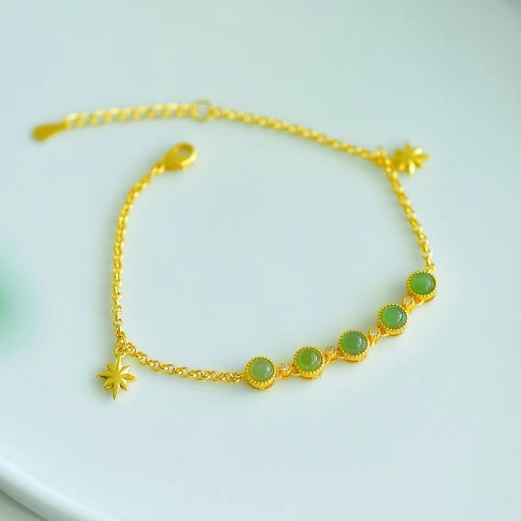 铜镶嵌天然和田玉碧玉五福连连星芒手链