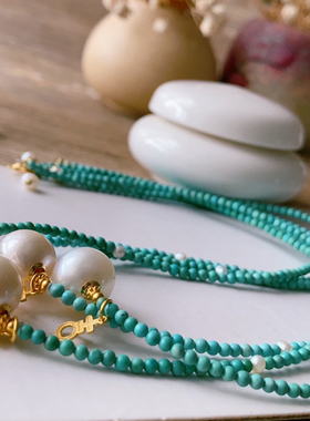 天然绿松石3mm锁骨链珍珠锁骨链绿松项链配饰淡水珍珠顶珠时尚
