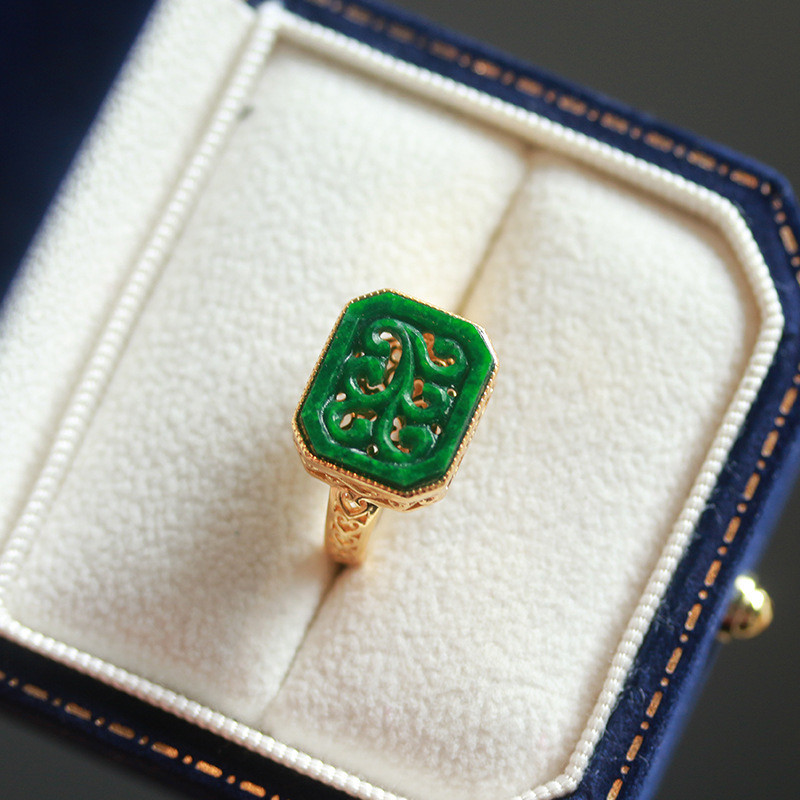 天然翡翠干青雕刻戒指活口s925通体纯银镀金镶嵌高级霸气女款指环