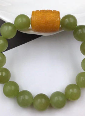 天然12mm和田玉DIY手串黄口料密度好 玉质细腻搭配老蜜蜡和田玉