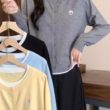 韩系假两件撞色针织开衫上衣女2025年秋季新款时尚慵懒风毛衣外套