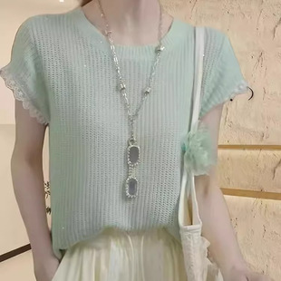 小众设计感镂空针织上衣 时尚 蕾丝拼接冰丝短袖 t恤女2025夏季 新款