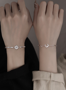 日月同辉情侣手链一对银手镯高级感原创定情信物新年礼物送男友