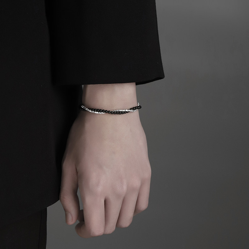 男士碎银手炼男款999足银叠戴黑曜石手串小众设计七夕礼物送男友