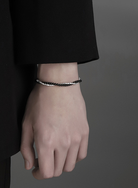 男士碎银手炼男款999足银叠戴黑曜石手串小众设计七夕礼物送男友
