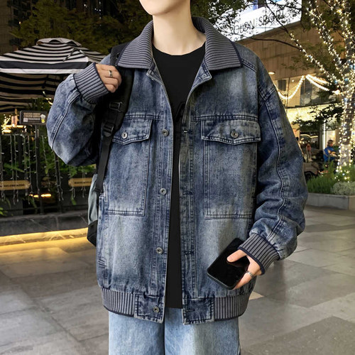 炫葵复古水洗做旧修身牛仔外套男