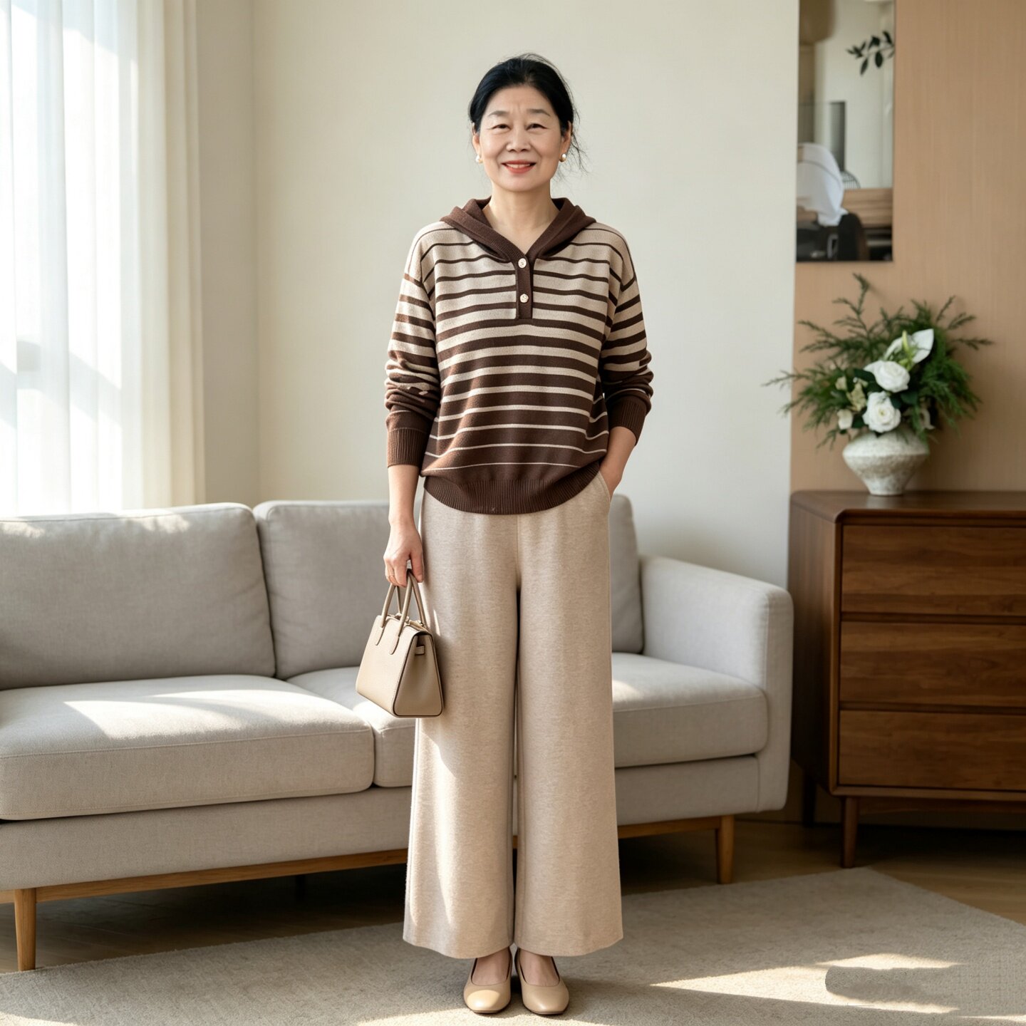 妈妈条纹连帽针织卫衣套装女宽松