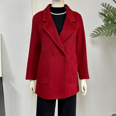 妈妈秋冬款红色双面绒羊毛大衣女