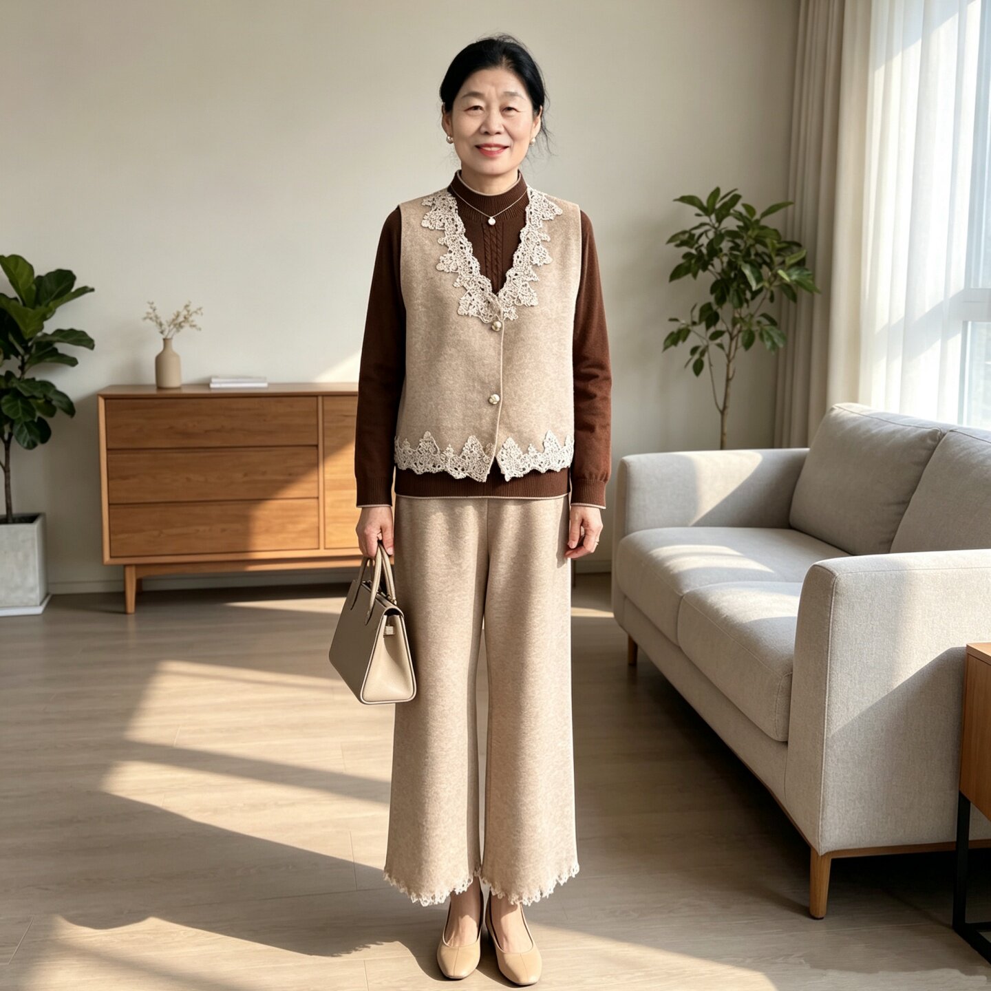 洋气妈妈三件套花边针织马甲套装