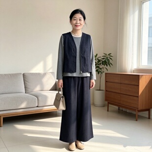 中年女装妈妈秋装长袖T恤气质阔腿裤中老年春秋洋气马甲三件套装1