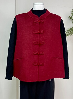双面呢春秋羊毛马甲女妈妈装2026新款红色新中式国风羊绒背心坎肩