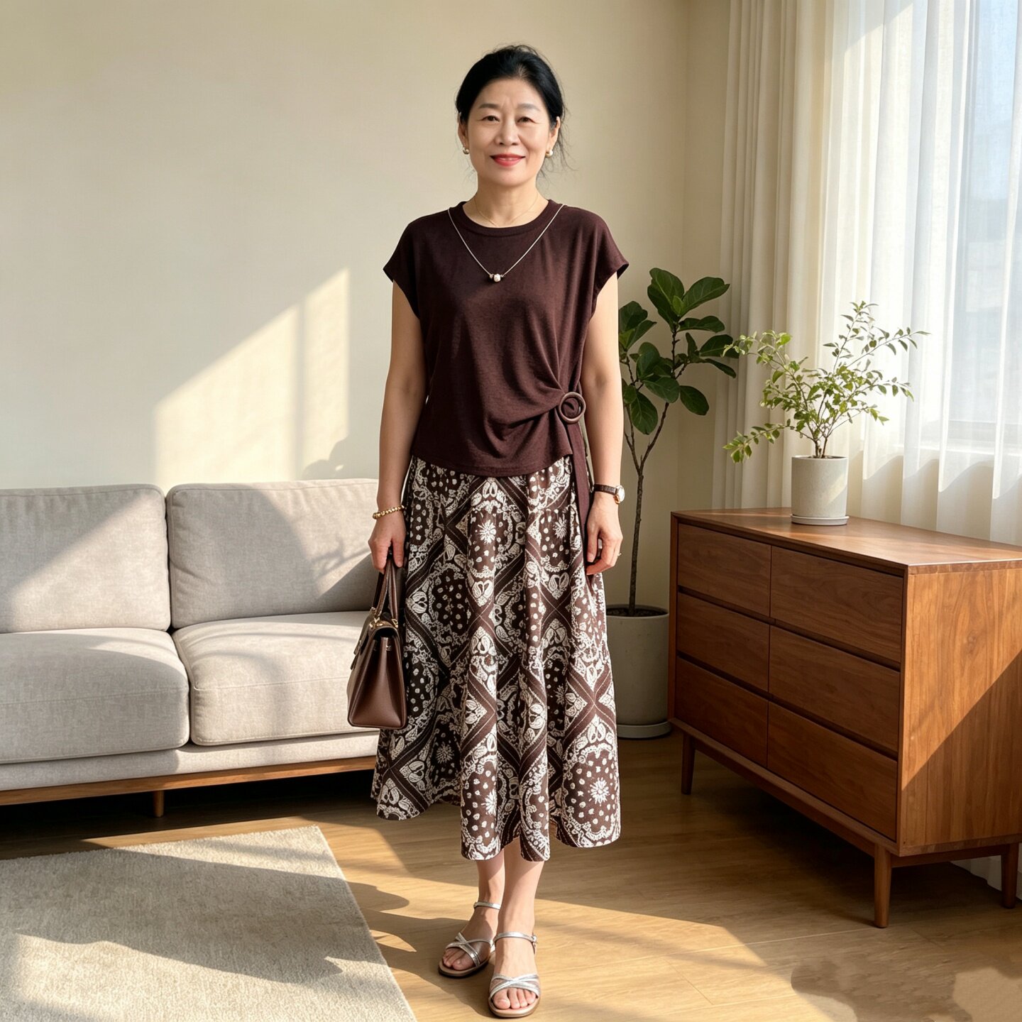 中年妈妈夏短袖印花半身裙两件套