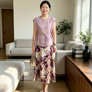 中年妈妈夏装连衣裙套装时尚洋气中老年女端庄气质减龄两件套裙子