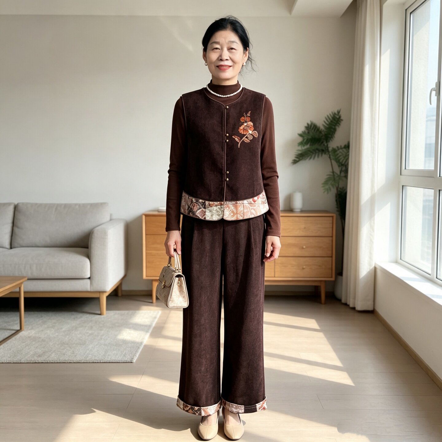 妈妈秋装高端刺绣国风马甲三件套