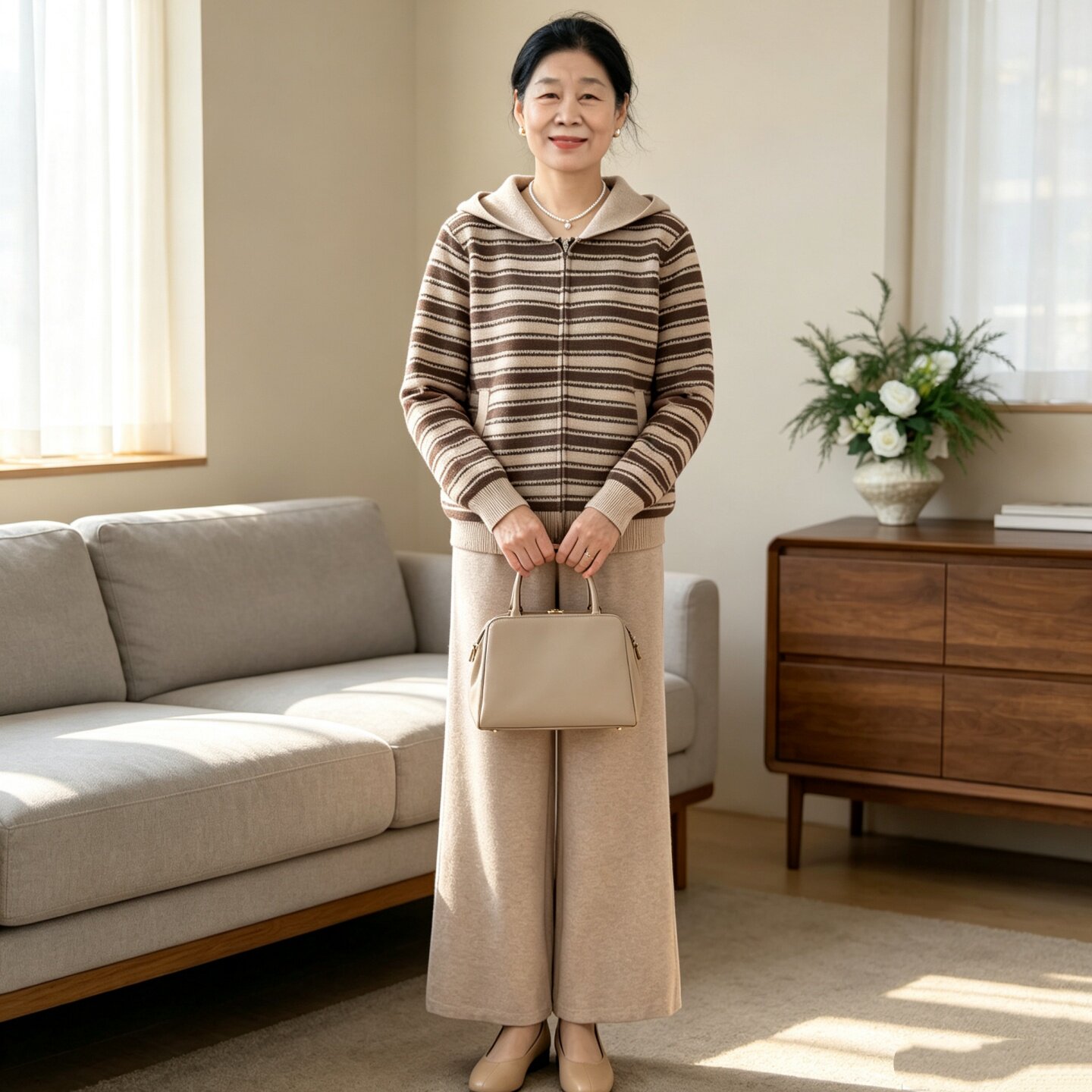 妈妈秋装连帽条纹针织运动套装女
