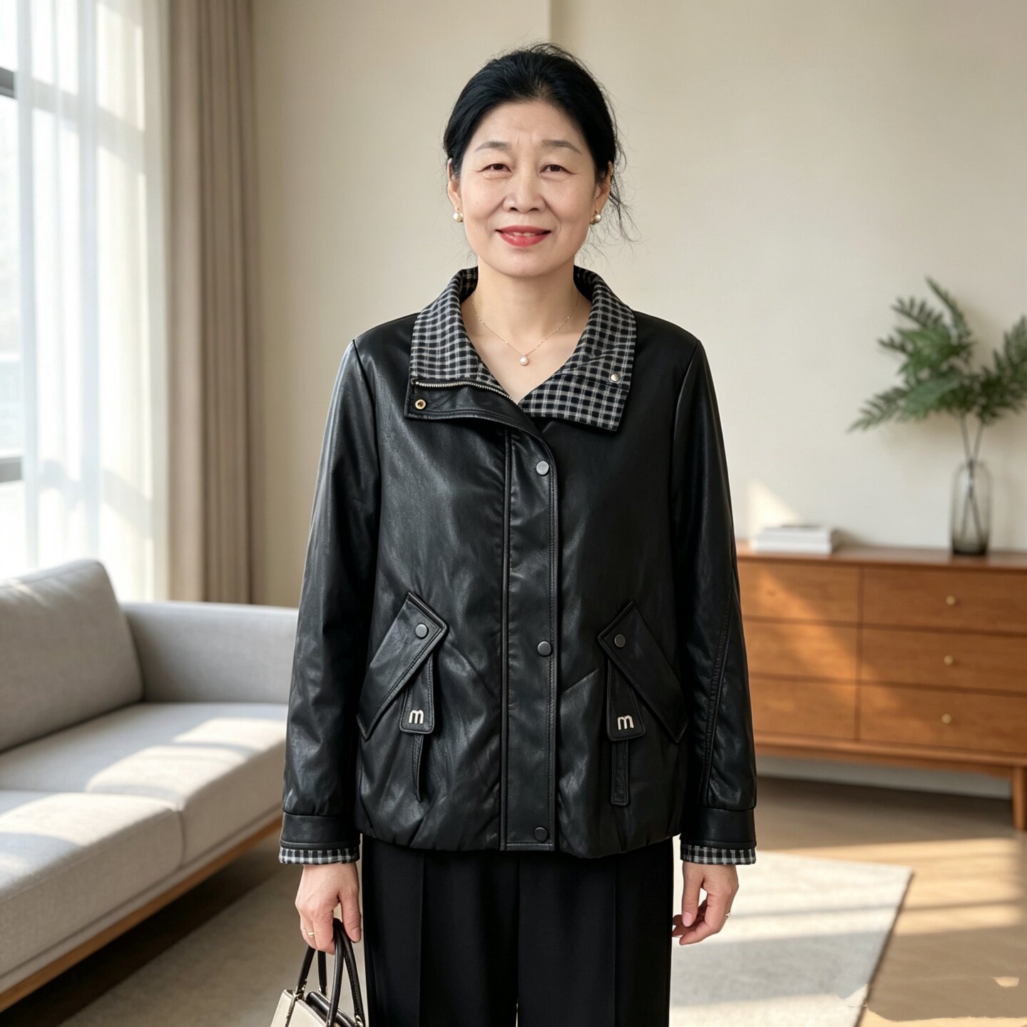 妈妈翻领皮衣外套女春秋PU皮夹克