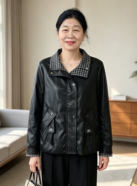 妈妈翻领皮衣外套女春秋PU皮夹克