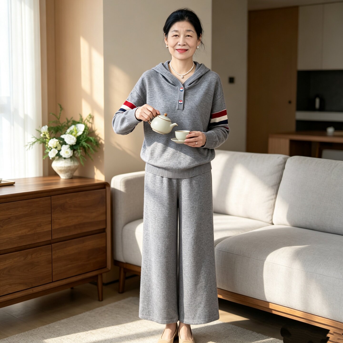 妈妈秋装针织连帽阔腿裤休闲套装