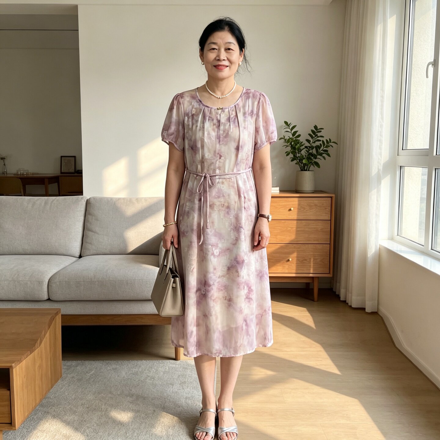 妈妈夏装碎花短袖雪纺收腰连衣裙