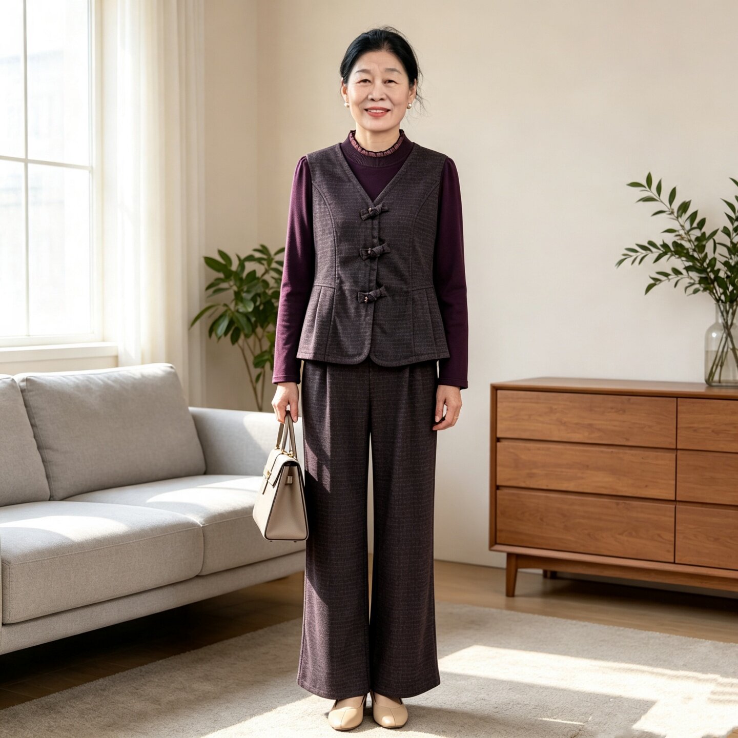 妈妈秋装洋气假两件气质显瘦套装