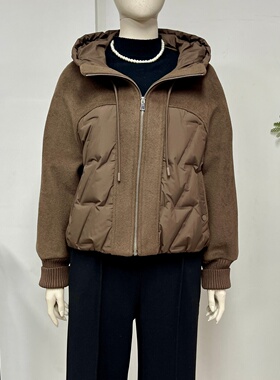 毛呢拼接连帽短款羽绒服女中年妈妈装2025冬季款休闲显瘦保暖外套