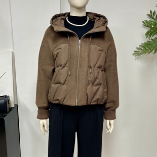 毛呢拼接连帽短款羽绒服女中年妈妈装2025冬季款休闲显瘦保暖外套
