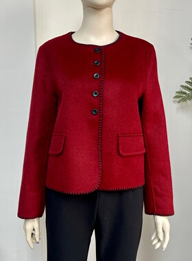 红色高端时尚短款羊绒大衣冬季妈妈装圆领正肩气质双面羊毛呢外套