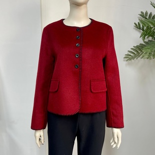 红色高端时尚短款羊绒大衣冬季妈妈装圆领正肩气质双面羊毛呢外套