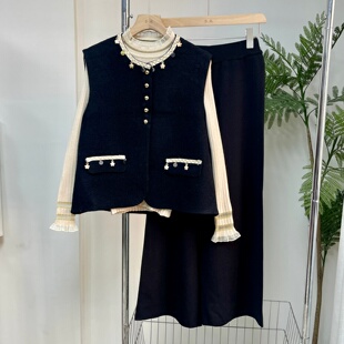 黑色小香风妈妈装马甲女套装春秋款气质减龄百搭中老年背心三件套