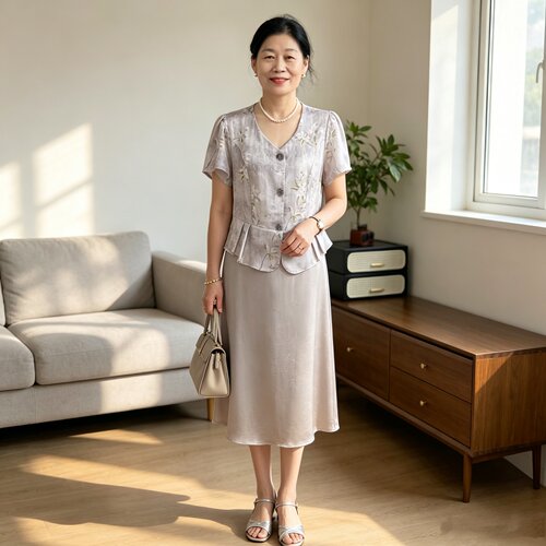 新中式妈妈国风假两件短袖连衣裙