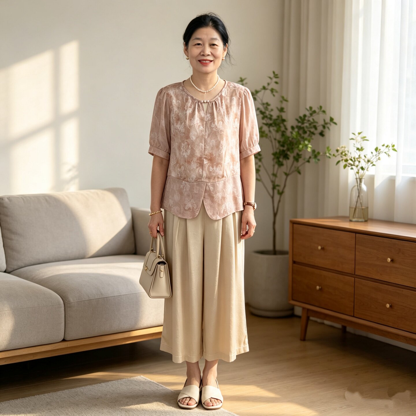 妈妈夏季时尚套装印花雪纺小衫设计感上衣裤子中老年女气质两件套